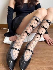 1 Pair Women's Grey Butterfly Hollow Pearl Mid-Calf Mesh Socks, Y2K Baddie Lolita Ripped Leg Warmers/Ankle Socks, European And American Ins Style - Multicolor - View 6