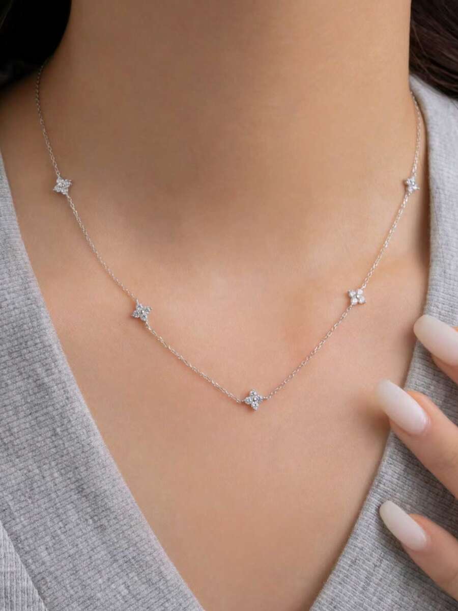 1件新款时尚银色锆石花朵链项链首饰，精致花朵项链，适合日常佩戴 - 銀色 - 查看 1