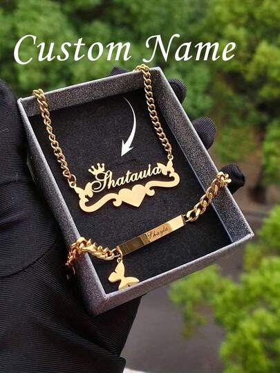 Collar con nombre personalizado, collar con nombre de mariposa personalizado, collar con colgante de corazón y ola de acero inoxidable, collar con corona de princesa, regalo del Día de San Valentín, regalo del Día de la Madre, joyería de pulsera de acero inoxidable
