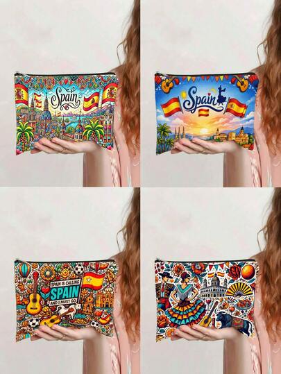 1 Spanish-Style Travel Cosmetic Bag, Vintage City Scenery Clutch, Portable Travel Cosmetic Storage Bag And Toiletry Bag