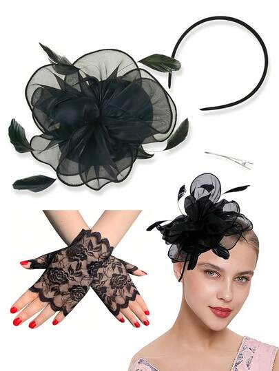 2Pcs D EXCEED 1920s Elegant French Style Vintage Mesh Floral Artificial Feather Headwear Floral Fingerless Lace Gloves For Formal Cocktail Party Evening Event Banquets Weeding