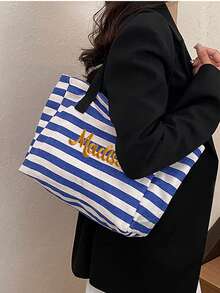 1pc Customized Striped Canvas Tote Bag, Printable With Your Name, Large Capacity Commuter Handbag, College Style Fits A4 Textbooks, Thick Canvas Anti-Wrinkle, Suitable For Office Ladies, Mothers, Beach Trips, Christmas Gift - Multicolor - View 10