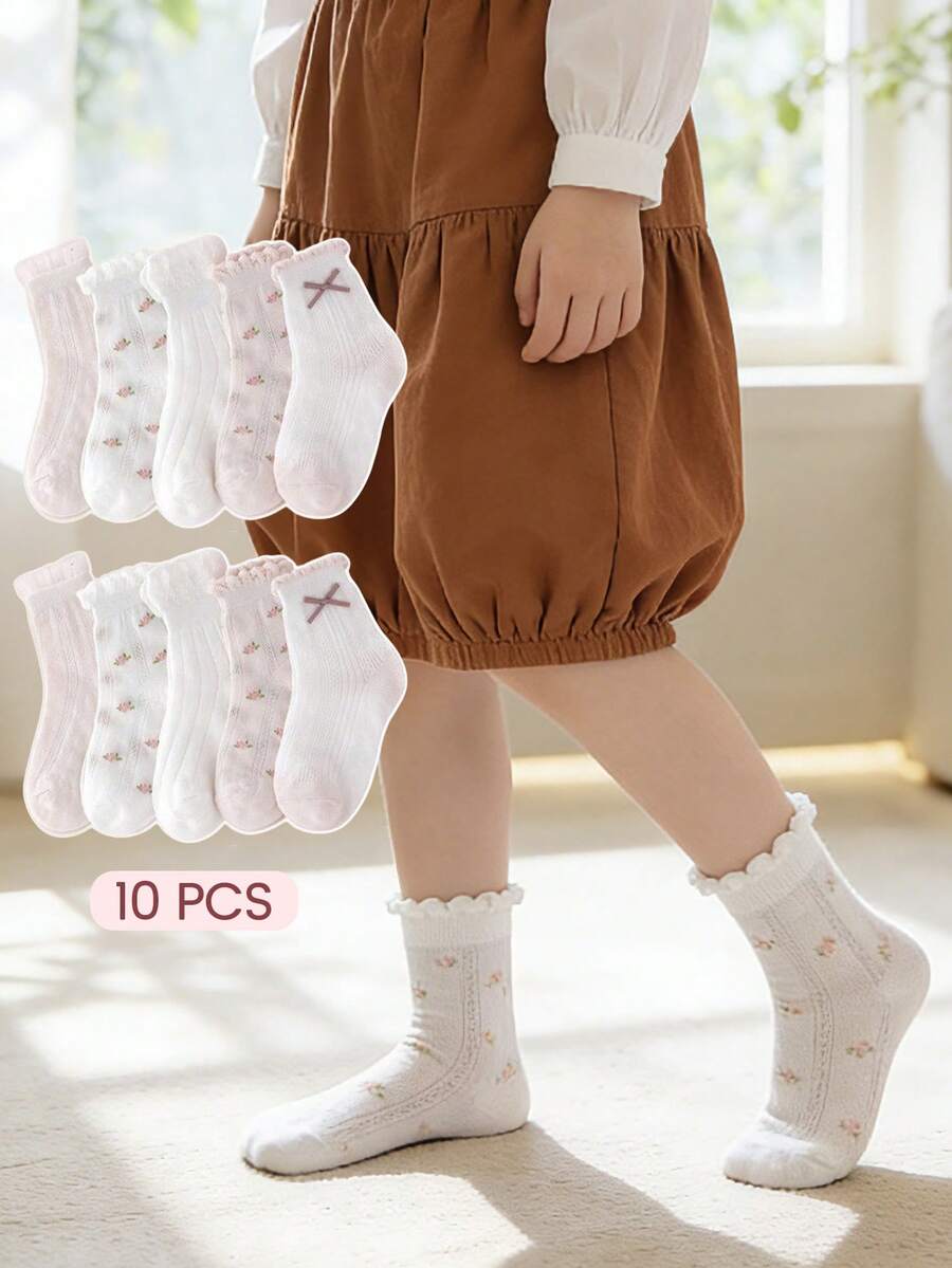 10 đôi tất lưới mỏng co giãn cao dành cho bé gái, có viền bèo nhún, tất thể thao màu hồng và trắng dễ thương, thích hợp cho mùa xuân/hè. - Nhiều màu - Xem 1
