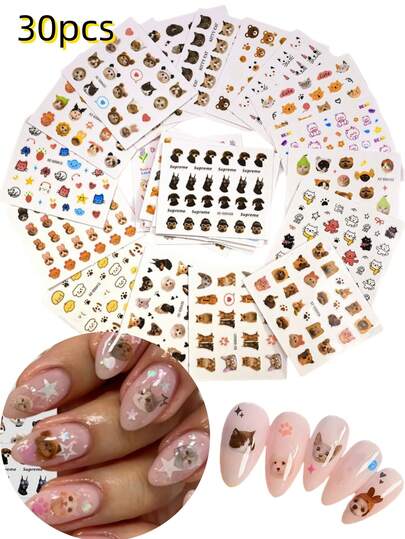 30 hojas de pegatinas de uñas lindas y autoadhesivas con diseños de gatos, perros, caramelos y flores coloridas para decoración de uñas para mujeres