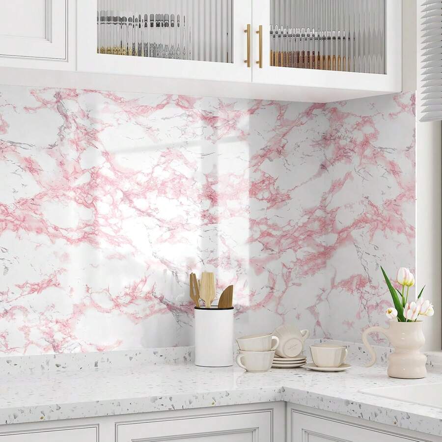 Pink Marble Contact Paper, Waterproof, Peel And Stick, Vinyl Countertop Backsplash Wallpaper, Glossy Granite Decorative Sticker For Kitchen Cabinet