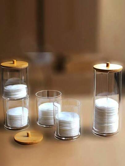 4/2/1 Pc, Bamboo-Covered Cotton Swab Storage Box, With A Recessed Design, Transparent Bathroom Accessory Set, Suitable For Cotton Balls, Dental Floss, Jewelry, And Rubber Bands