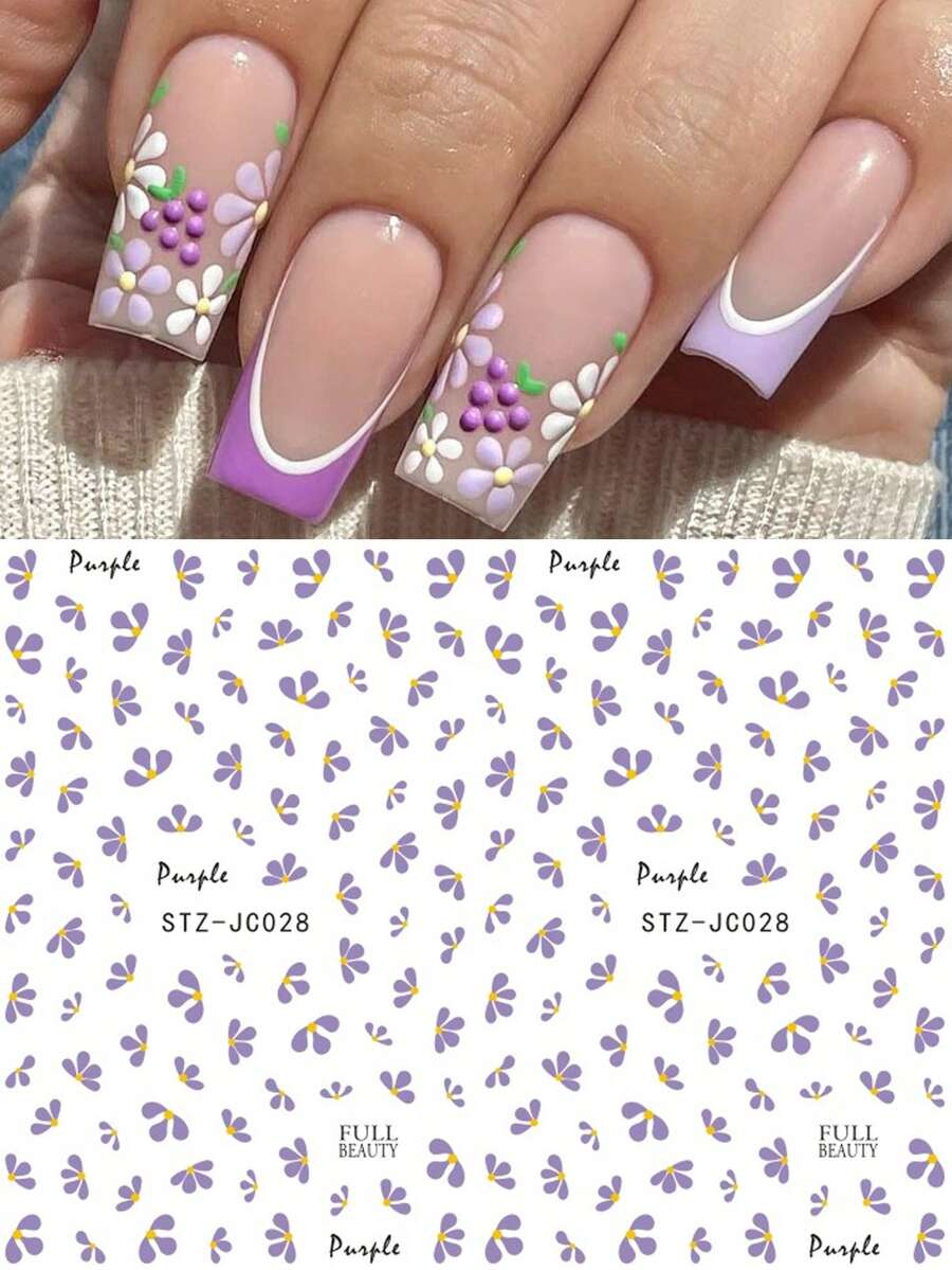 2pcs/Set 3D Purple Daisy Nail Stickers, Elegant Small Daisy Petal Self-Adhesive Slider Nail Art Decor Accessories, Suitable For Spring/Summer Wild Flower Nails - Multicolor - View 1