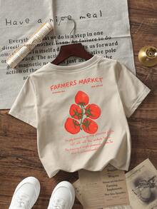 Baby Girl "Farmers Market" Tomato Print Short Sleeve T-Shirt, Casual Round Neck Top - Apricot - View 5