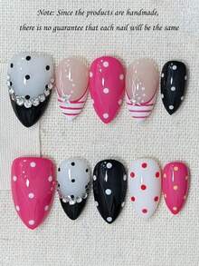 10pcs Cute Minimalist French INS Personalized Baddie Y2k Crystal Handpainted Pink & White Polka Dot Striped Short Almond Wearable Nail Art Stickers, Press-On Nails - Multicolor - View 1