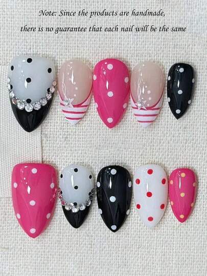 10pcs Cute Minimalist French INS Personalized Baddie Y2k Crystal Handpainted Pink & White Polka Dot Striped Short Almond Wearable Nail Art Stickers, Press-On Nails