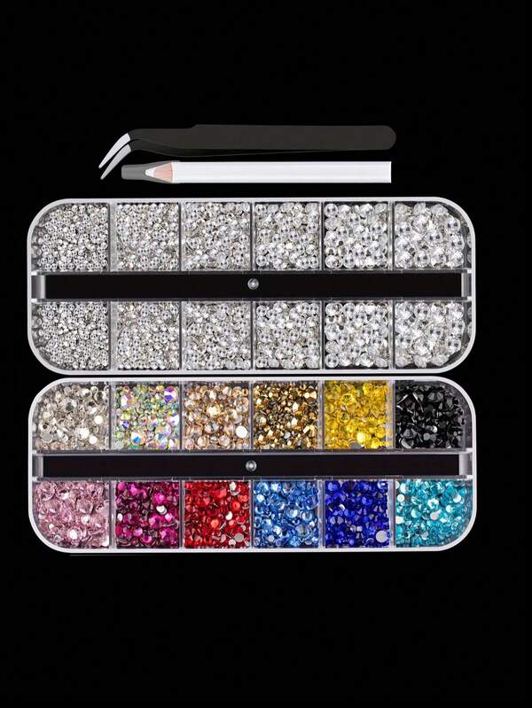 12-Compartment Box Nail Art Decorations, DIY Bowknot, Pearls, Rhinestones & Other Small Accessories