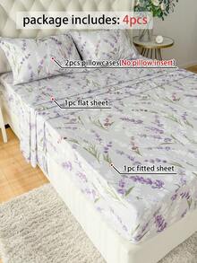 4pcs Set, 100% Polyester, Pastoral Floral, 35cm Deep Pocket Fitted Sheet, Printed Bedding Set (2 Pillowcases + 1 Flat Sheet + 1 Fitted Sheet), All-Season Modern Bedding Set, Minimalist Style, Soft & Comfortable, Breathable - Multicolor - View 2