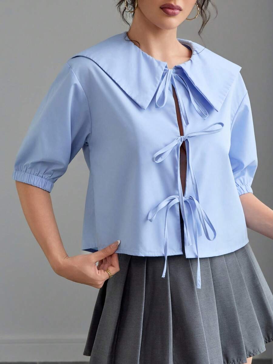 Camicia corta con colletto Peter Pan, maniche a 3/4, fiocco frontale, colore unito, casual, minimalista, adatta per vacanze, primavera - Blu - Visualizzare 1