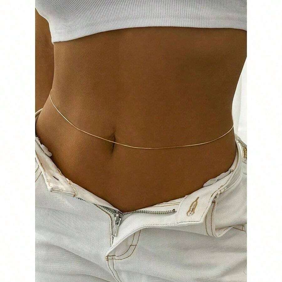 Nooxian 1pc Women's Stainless Steel Round Snake Chain Waist Chain - 金黃色 - 查看 1