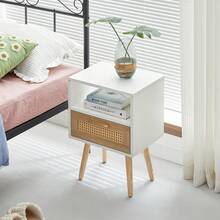 Rattan Side Table With Drawer And Solid Wood Legs, Modern Bedside Table, Side Table For Living Room, Bedroom, White - H55/W40/D30 Cm - White + Natural + Medium Density Fiberboard - View 5