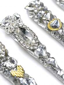 Handmade Luxury Extra Long Stiletto Press On Nails, Artisan Design, Dense Rhinestone Details, Multi-Shaped Gem, Gold Accents, High-Gloss Finish, Salon-Quality Reusable, Ideal Gift For Luxury Style Enthusiasts Summer Easter - Bạc - Xem 7