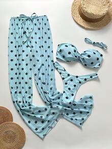 Bộ bikini 3 mảnh chấm bi xanh đen gợi cảm và thời trang, gồm áo quây điều chỉnh được + quần bơi cạp cao + quần ống rộng ôm sát, đồ bơi cần thiết cho kỳ nghỉ hè được các blogger khuyên dùng. - Màu xanh lam - Xem 3