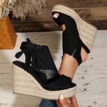 Velvet Fashion Button Closure Jute Rope Stylish Lightweight Wedge Heel Women Shoes - Black - View 13