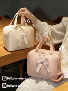 1pc New Multifunctional Large Capacity Waterproof Compartment Travel Makeup Bag With Bow Decor - Multicolor - View 8