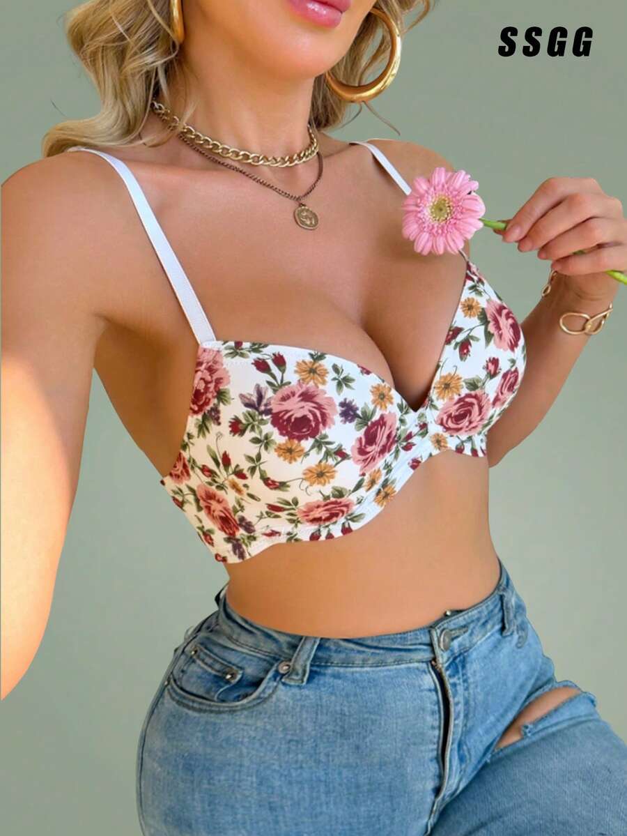 Women's White Intimate Apparel, Skin-Friendly Lift And Support Bra, Romantic French Casual Comfortable Minimalist Lingerie, Sexy Mature Charm Breathable Fabric Elegant Bra, Ditsy Floral European And American Style French Lace Graceful Lingerie For Ladies