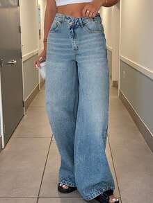 Women's Vintage Asymmetrical Waist Washed Loose Fit Jeans, Versatile, Niche Style With Unique Streetwear Vibe - Medium Wash - View 5