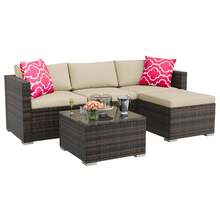 5-Piece Outdoor Sectional Sofa Set, All-Weather PE Rattan Patio Furniture With Ottoman & Tempered Glass Table, Convertible Garden Couch For Backyard, Porch, Poolside - Nâu/Kaki - Xem 9