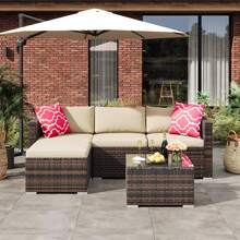 5-Piece Outdoor Sectional Sofa Set, All-Weather PE Rattan Patio Furniture With Ottoman & Tempered Glass Table, Convertible Garden Couch For Backyard, Porch, Poolside - Nâu/Kaki - Xem 3