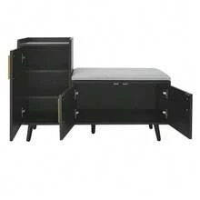 Modern Shoe Bench/Shoe Chest/Bench With Three Storage Doors, Asymmetrical Metal Handles And Multiple Storage Levels - Dimensions: W100/D34/H69 Cm (Old Sku WF318094AAA) - Hitam - View 6