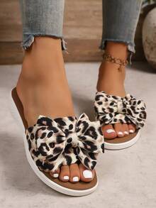 Women's Thick Sole Wedge Leopard Print Bow Sandals, Comfortable Beach Resort Style Bow Slippers For Summer - Brown - View 3