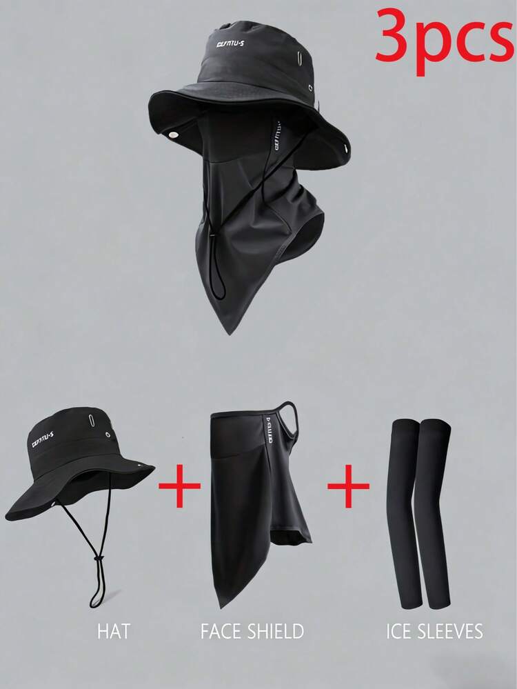 1pc/3pcs Wide Brim Sun Hat, Men's Outdoor Cap, Soft & Breathable, Sun Protection Set Includes Hat, Face Mask, Arm Sleeves, Suitable For Outdoor Travel And Work - A - View 1