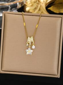 1件精致甜美优雅可爱时尚镶嵌白色立方氧化锆花朵和仿珍珠吊坠不锈钢项链锁骨链，适合女性夏季日常佩戴，生日礼物 - 白色 - 查看 6