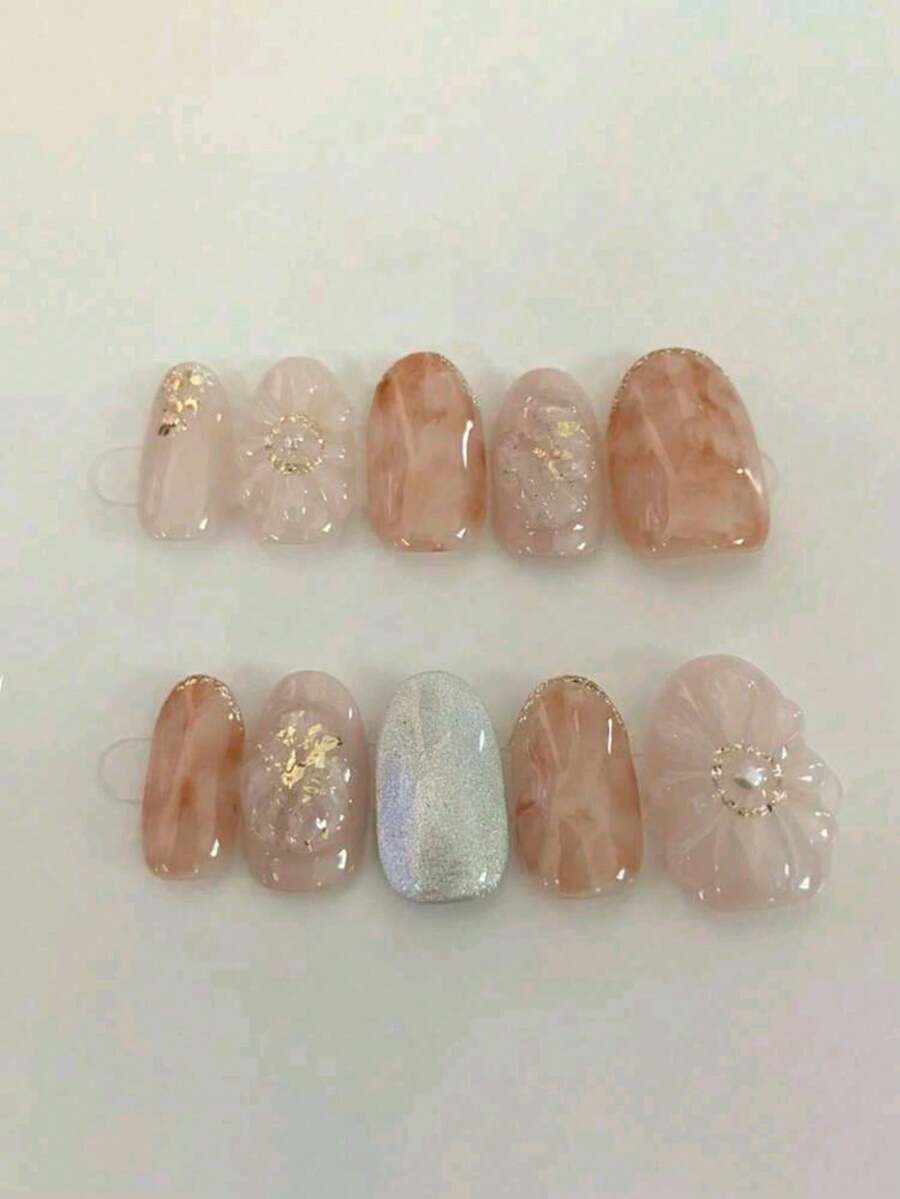 10pcs Short Oval Handmade Press-On Nails, Sweet Pink Cat Eye Nail Art, Hand-Painted Plaid With 3D Flower Decor, Simple & Cute, Suitable For All Seasons, Daily Wear & Party, Women & Girls - Multicolor - View 1