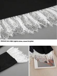 Áo khoác blazer nữ màu đen thanh lịch, đa năng, viền ren trắng ở gấu áo và cổ tay, phù hợp cho công sở, hẹn hò, đi làm, dự tiệc và mặc hàng ngày (không kèm thắt lưng). - màu đen - Xem 11
