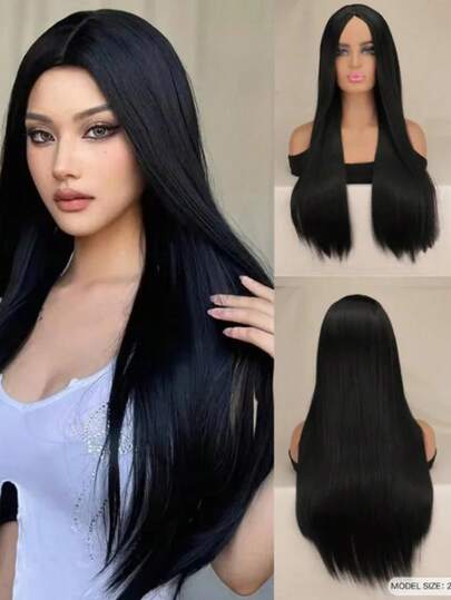 Tóc giả MECRY 13x4 dài thẳng 28 inch màu đen nâu tự nhiên, tóc giả ren phía trước bằng sợi tổng hợp với đường chân tóc đã được tỉa sẵn, sợi tóc chịu nhiệt, tóc giả thẳng mượt dành cho nữ, thích hợp cho cosplay, tiệc tùng, sử dụng hàng ngày.