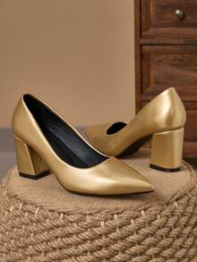 MonaNise Women's Pointed Toe Fashion 7cm Chunky High Heel Shoes, Versatile For Parties, Casual And Formal Occasions - Gold - View 3