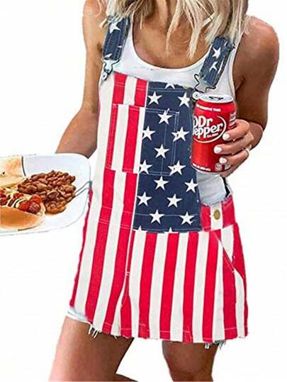 Denim Overalls Mini Dress For Women High Stretchy Adjustable Strap Jean Short Dress With Pockets, Solid Color/Camouflage/4th Of July USA Flag Print Sleeveless Suspender Dress