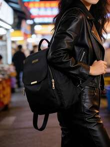 Solid Color Nylon Women Minimalist Versatile Fashion Classic Backpack, Suitable For School, Travel, - Black - View 2