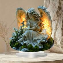 1 pieza Figura de ángel de acrílico con alas y flores, decoración de escritorio de ángel sentado, decoración de habitación espiritual y estética, decoración elegante para el hogar y la oficina, regalo ideal para amantes de los ángeles y para inauguración de casa - A - Ver 3
