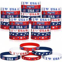 12/24 piezas Pulseras patrióticas del 4 de julio Bandera estadounidense roja, blanca y azul con estrellas Pulseras de silicona Pulseras de goma para el Día de la Independencia Regalos para fiestas - Día de la Independencia - Ver 2