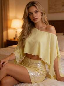 Women Double Layer Shrug Poncho Cape Tops Summer Clothes Solid Color Bolero Shawl One Shoulder Chiffon Beach Coverup Blouse Streerwear - 黃色 - 查看 3