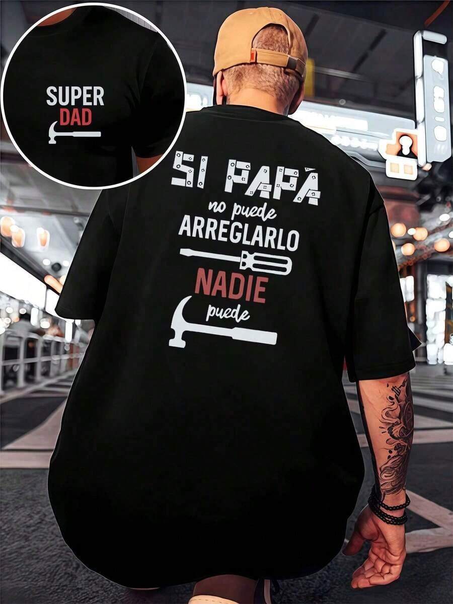 Camiseta gráfica "Papai Pode Consertar" para o outono de 2026, gola redonda, modelagem solta, casual, caimento descontraído, estampa artística, ideal para o verão. - Preto - Ver 1