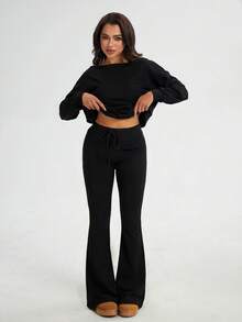 YZMJAFU Women's Spring/Summer 2-Piece Set: Drop-Shoulder Long Pullover & Drawstring Waist Sweatpants - Black - View 9