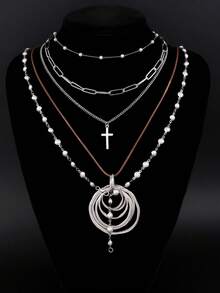 17KM 5pcs Minimalist Fashionable Exaggerated Silver Chunky Chain Cross Spiral Geometric Pendant Necklace Set, Long Y-Shaped Chain Necklace, Suitable For Girlfriend, Mom, Vacation, Date, Party, Wedding - Silver - View 2