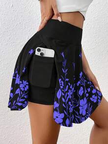 Plus Size Women Floral Print Pattern Casual Comfortable Elastic Waist Pocket Design Skorts Vacation Summer - Violet Purple - View 1