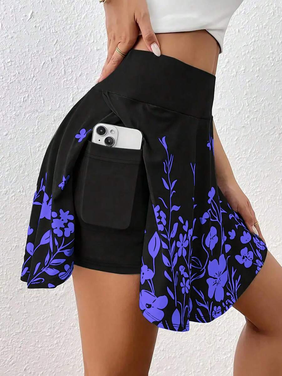 Plus Size Women Floral Print Pattern Casual Comfortable Elastic Waist Pocket Design Skorts Vacation Summer - Violet Purple - View 1