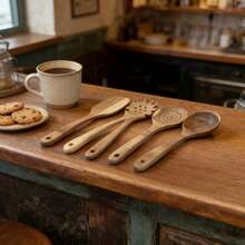 Juego de 6 Utensilios de Cocina de Madera Natural – Espátulas, Cucharas y Coladores para Cocina Saludable y Elegante - Marrón - Ver 10