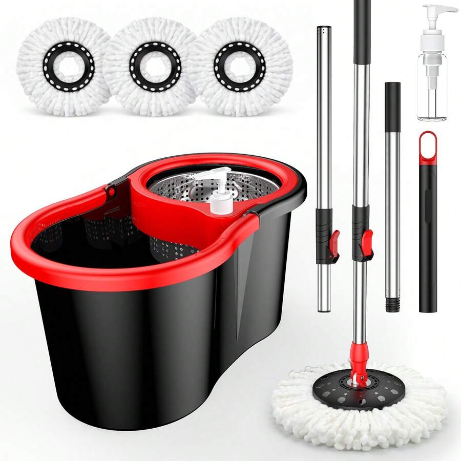 Hot 2026 New Black And Red Mop Bucket Set, Including A 360° Rotating Mop Head, Three Microfiber Mop Heads, And A 61-Inch Adjustable Handle; High-Efficiency Cleaning Products. - B - Xem 1