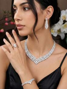 Conjunto De Joyas Decoradas De Circonia Cúbica Simple Y De Diseño Geométrico Adecuado Para Citas De Mujeres - Plateado - Ver 5