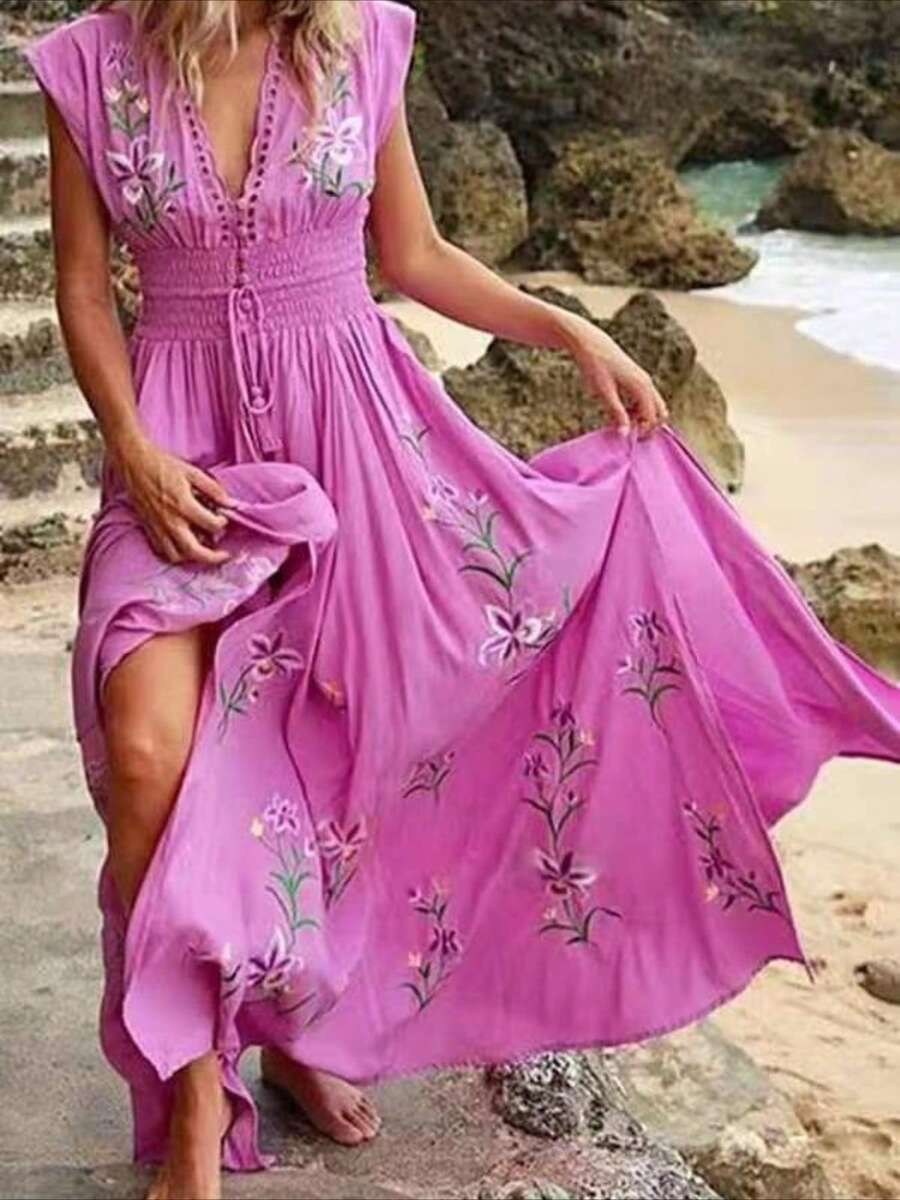 Women's Sleeveless Dress - Casual, Fashionable And Elegant, Flower Printed V-Neck Waist, Bohemian Printed Dress, Vacation Style, Daily Wear, Soft And Comfortable Fabric - 玫紅色 - 查看 1