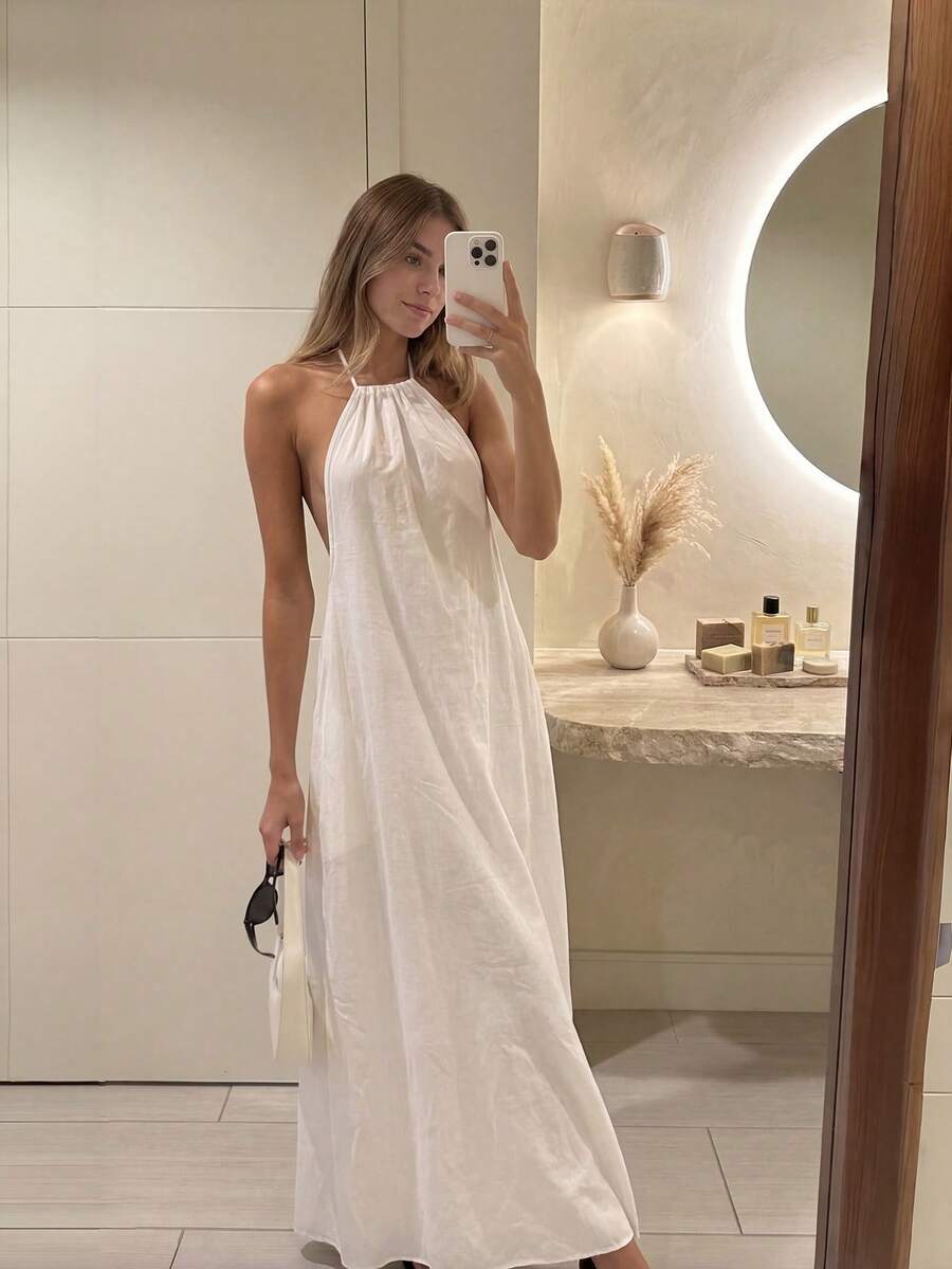 Đầm hai dây buộc sau lưng dành cho nữ, kiểu dáng nghỉ mát, gợi cảm, thanh lịch, thoải mái, dáng suông, không dây vai, màu trắng, thích hợp cho mùa hè.